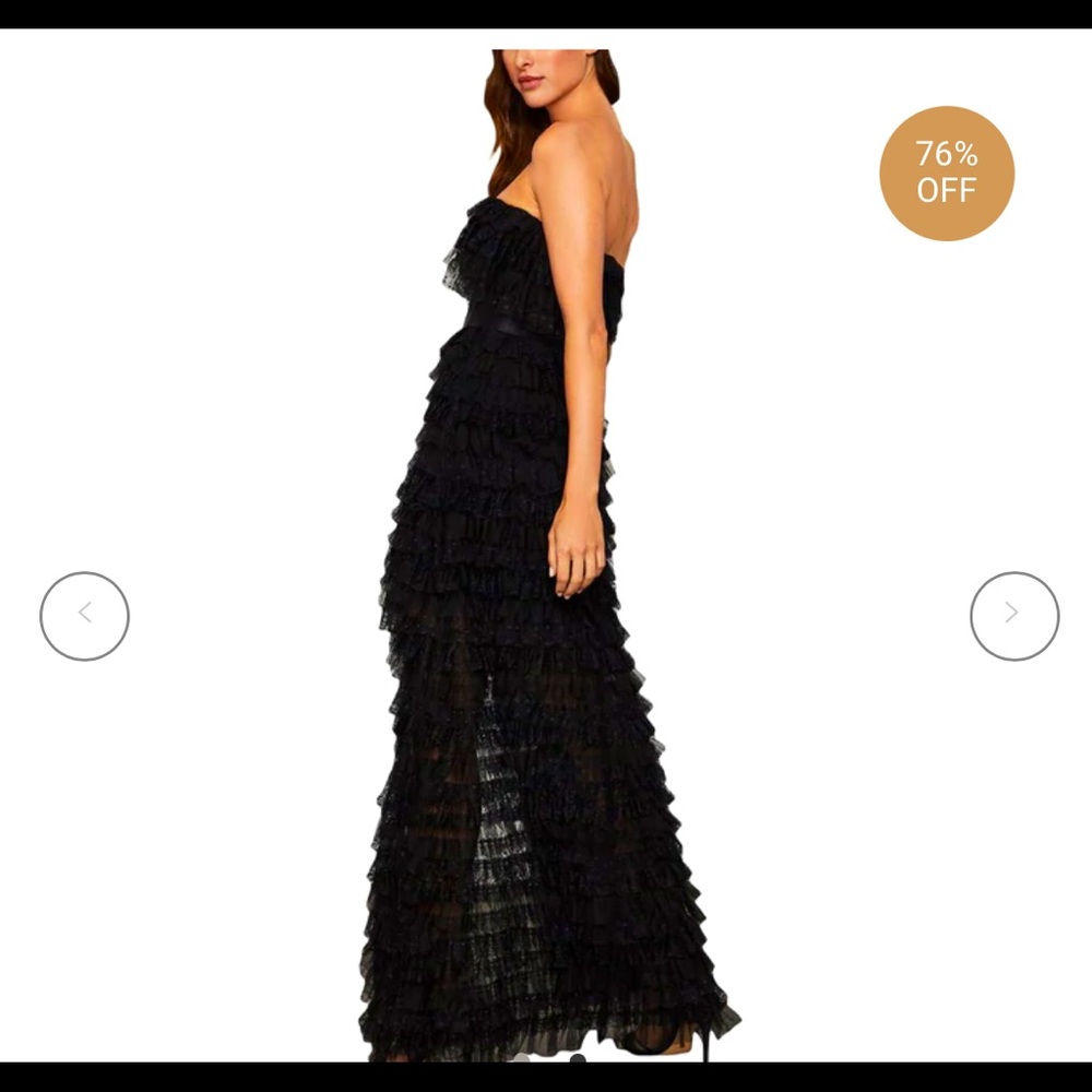 OFF-THE-SHOULDER LACE RUFFLE EVENING DRESS